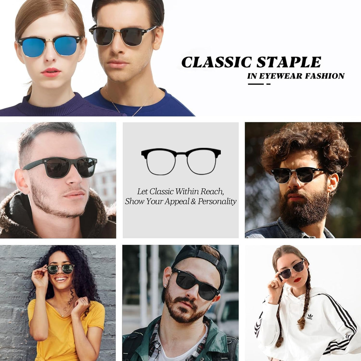 Classic Polarized Sunglasses for Men and Women Retro Style Semi Rimless Frame Sun Glasses 100% UV Protection Goggles