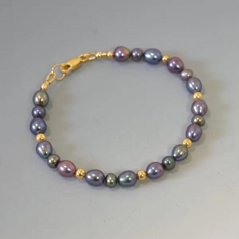Delicate Black Pearl Bracelet with Small Pearls and Gold, Gemstone Bracelet w Real Pearls