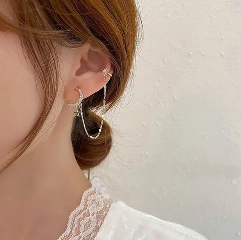 New Simple Moon Star Rhinestone Long Chain Earrings Shining Sun Crescent Geometric Tassel Piercing Earrings Ear Bone Clip Jewelry