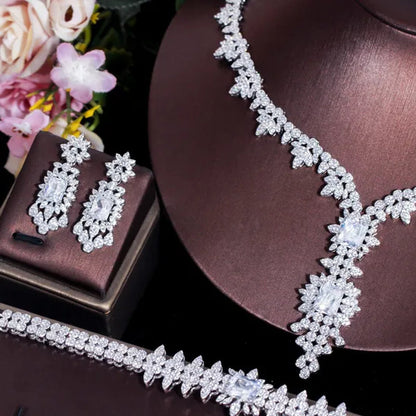 CANDICE High Quality White Gold Plated AAA CZ Women Long Pendant Necklace Earrings Ring Bracelet 4pcs Jewelry Set for Deep V Wedding Party Dress Accessories