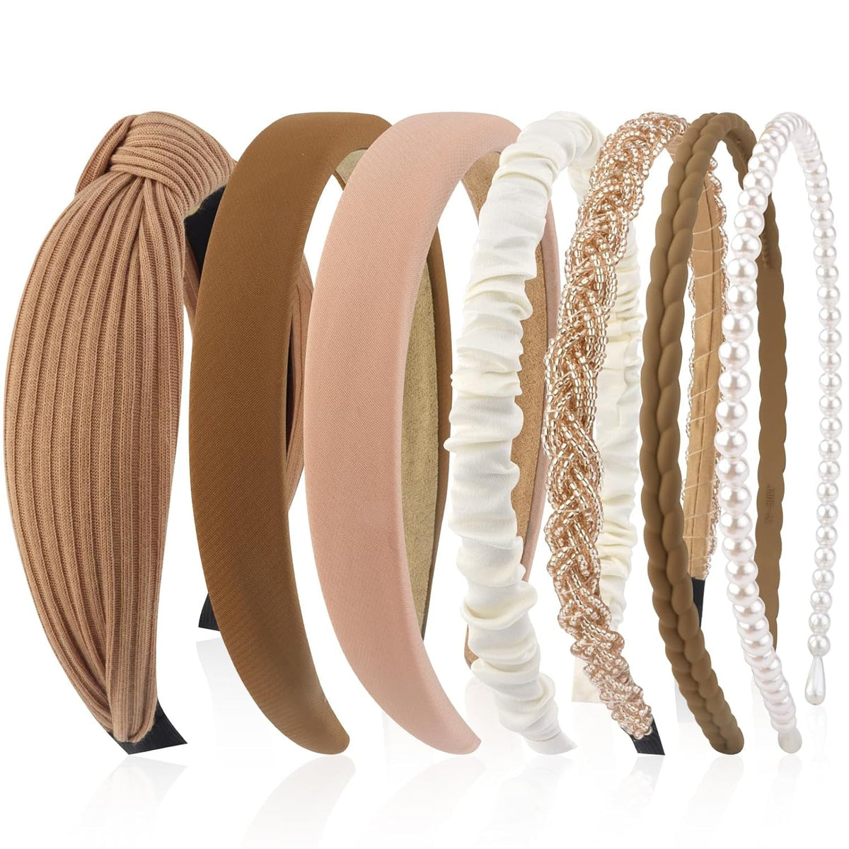 7 Pcs Different Headbands for Women Fashion Brown Knotted Solid Head Bands Pearl Headband Non Slip Hair Band for Womens Thin Thick Short Hair Face Wash Hair Accessories Gifts for Women Gilrs