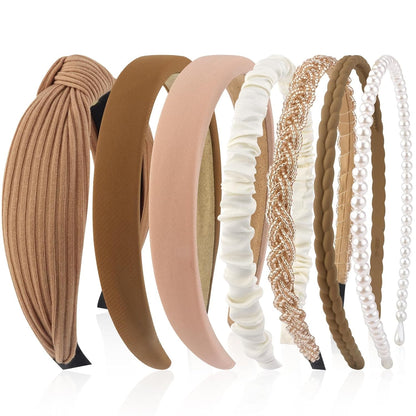 7 Pcs Different Headbands for Women Fashion Brown Knotted Solid Head Bands Pearl Headband Non Slip Hair Band for Womens Thin Thick Short Hair Face Wash Hair Accessories Gifts for Women Gilrs