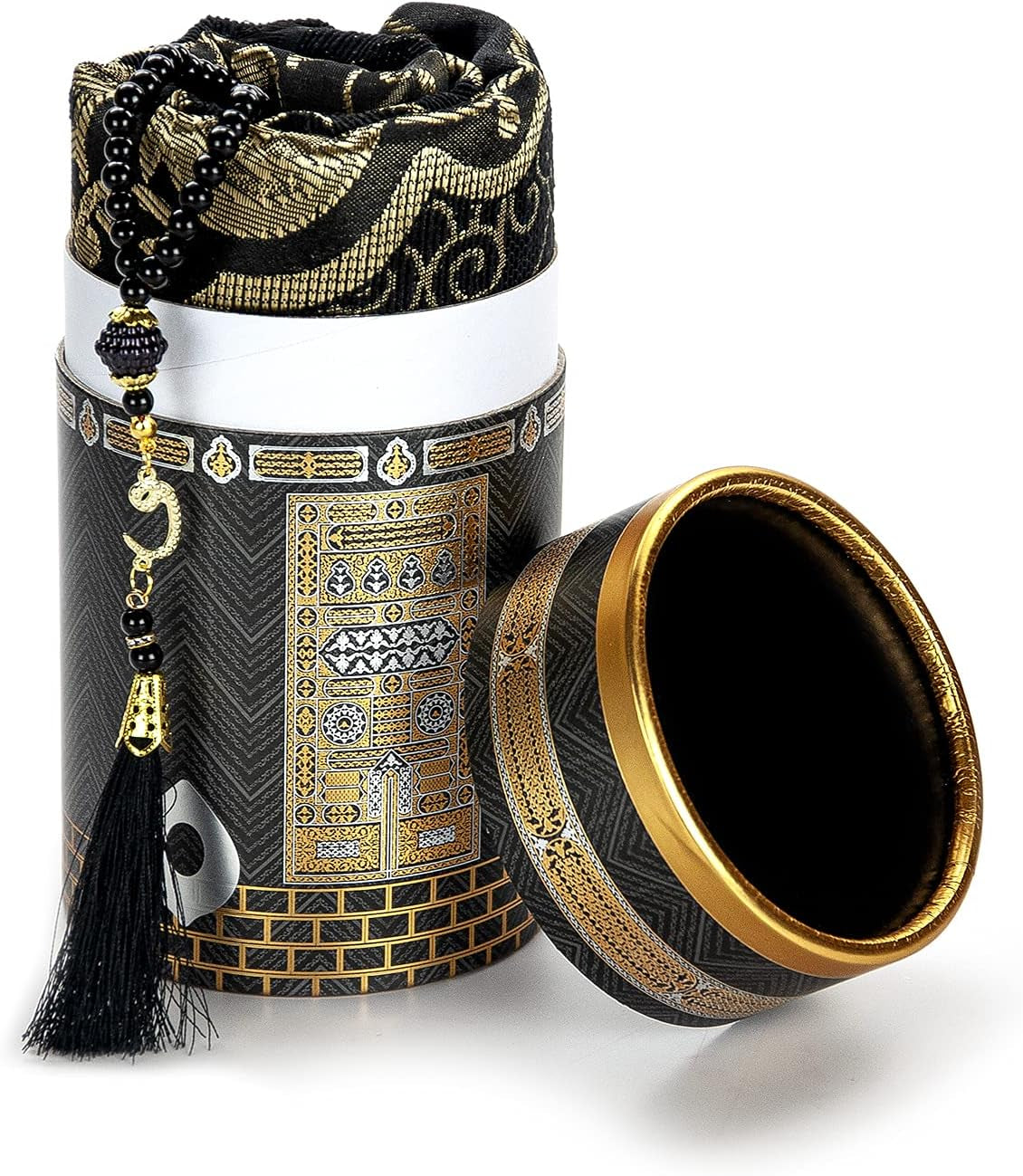 Muslim Prayer Rug and Prayer Beads with Elegant Design Cylinder Gift Box, Janamaz, Sajadah, Soft Islamic Gifts Set, Carpet Mat, Taffeta Fabric, Black