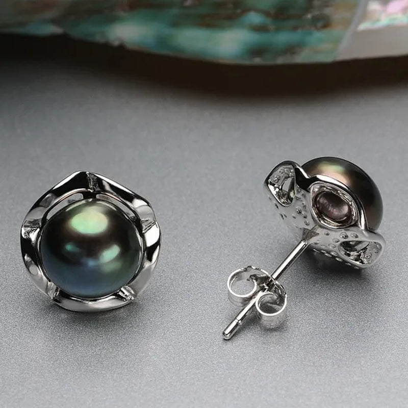 Real 925 Sterling Silver Black Freshwater Pearl Stud Earring Fashion Jewelry Women Gifts FEIGE