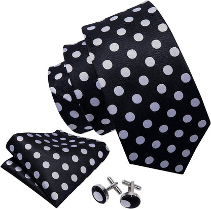Men'S Tie Set Polka Dot Handkerchief Cufflinks Plaid Fashion Neckties Wedding Business