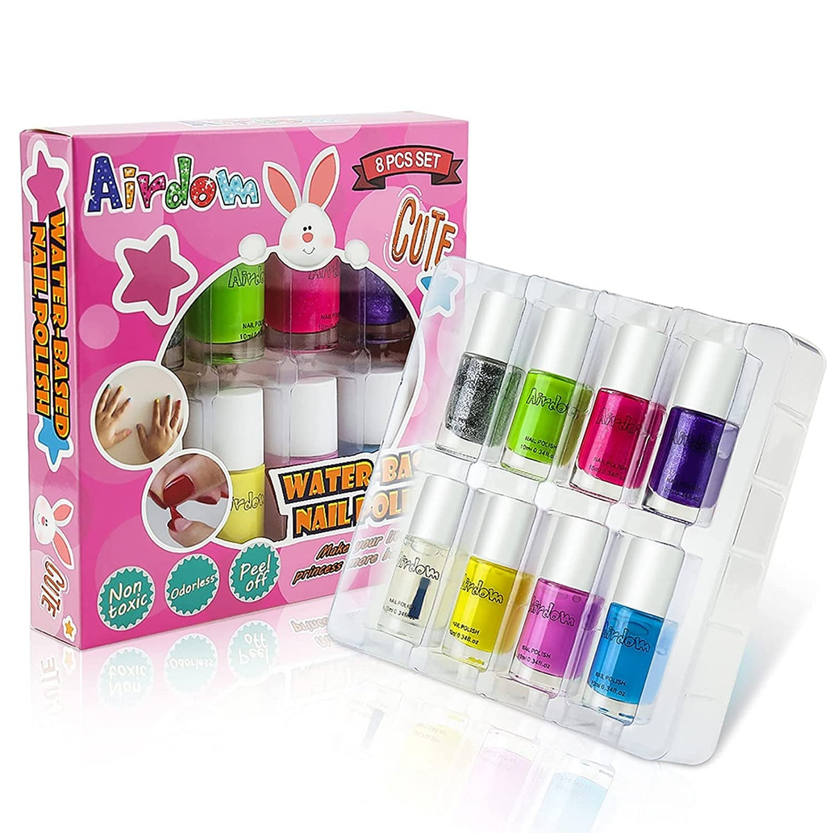 Kids Nail Polish Set- Non-Toxic Water-Based Odorless Peel Off Natural Safe Nail Polish Set Quick Dry Nail Polish Gifts Toys Kit for Girls Kids Toddlers (7 Color + 1 Top&Base Coat)