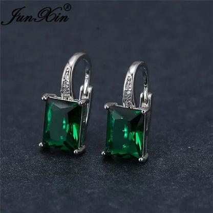 1Pair 925 Sterling Silver 14K White Gold Hoop Earrings New Fashion Rectangle Cut Green Emerald Diamond Earrings Drop Dangle Earrings Princess Gift