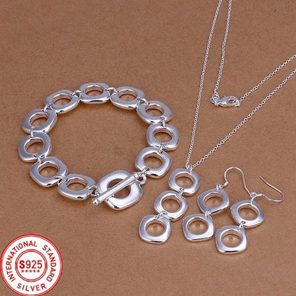 925 Sterling Silver Classic Square Geometric Pendant Necklace Bracelet Drop Earrings Fashion Jewelry Set