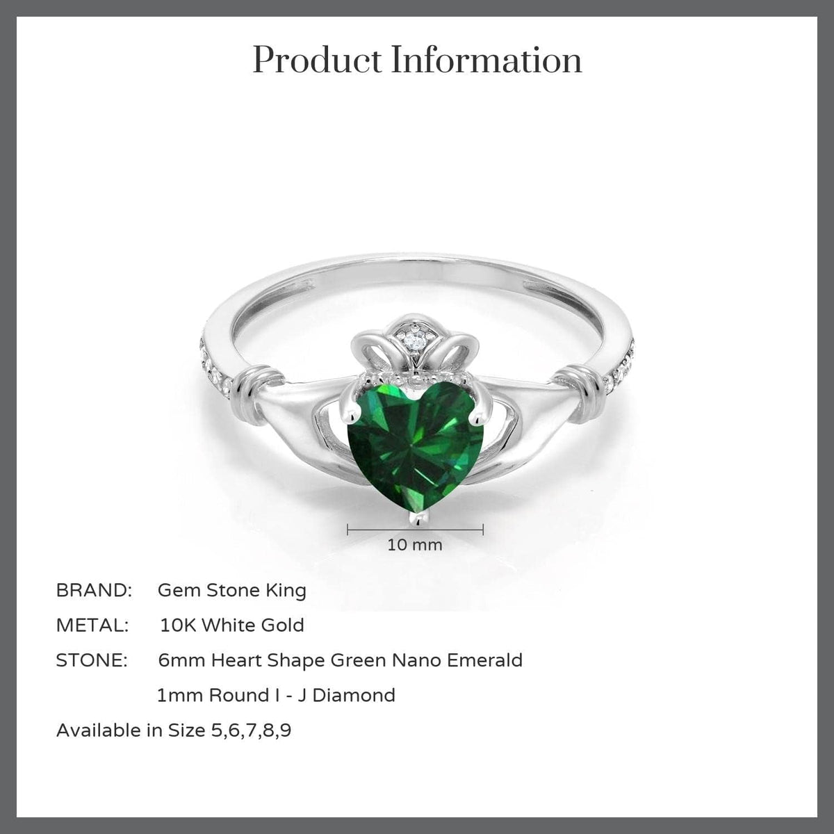 10K White Gold 6MM Heart Shape Gemstone Birthstone and White Diamond Irish Celtic Claddagh Engagement Ring | Gold Ring for Women | Available in Size 5, 6, 7, 8, 9