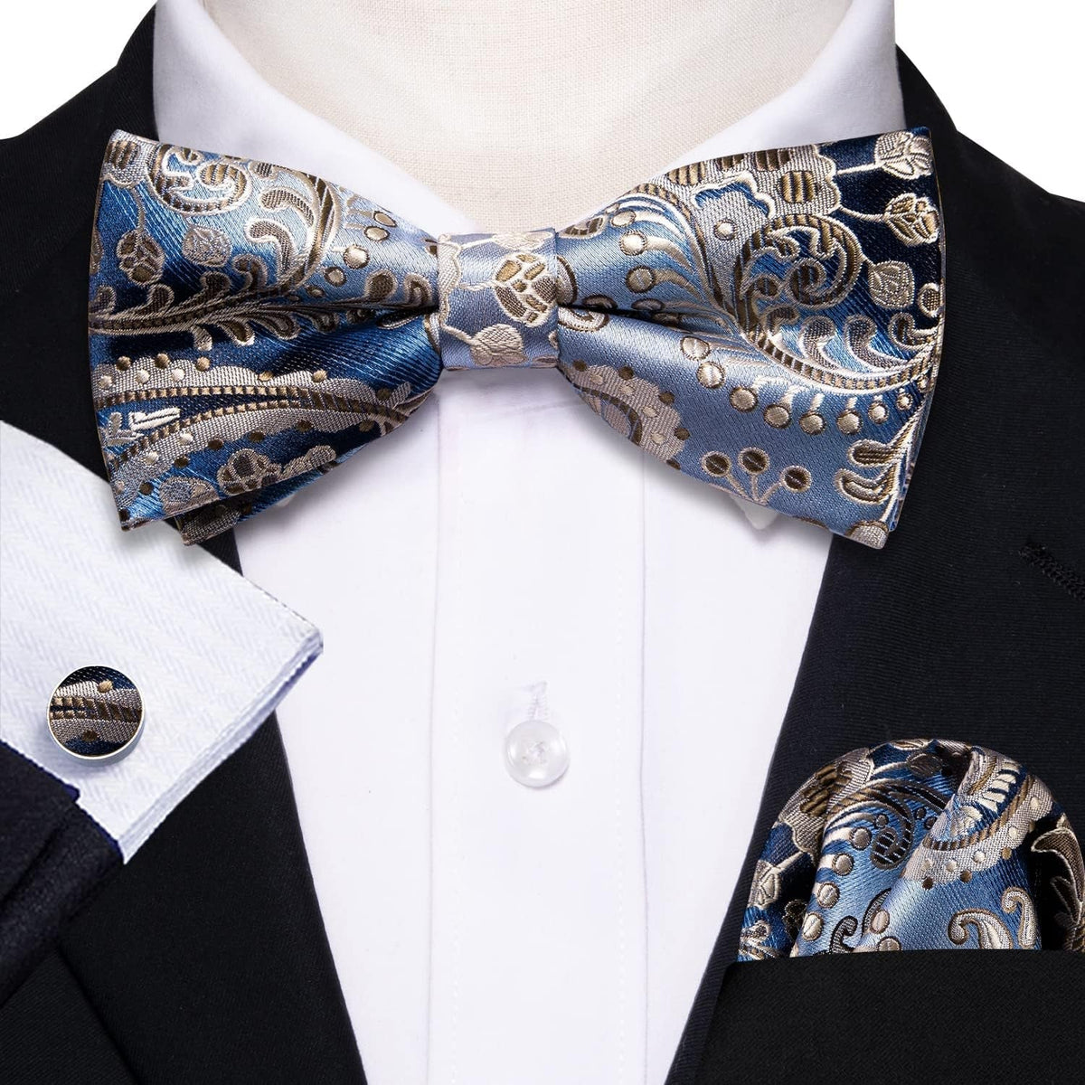 Paisley Striped Bow Tie for Men Silk Pre-Tied Bowtie Pocket Square Cufflinks Set Formal Wedding Party Prom