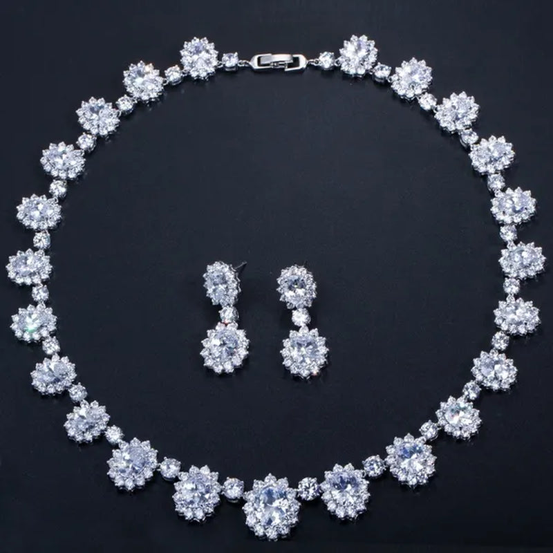 Gloriya Elegant Red Zirconia And White CZ Paved Setting Flower Pendant Earrings Necklace Jewelry Sets for Bridal Wedding Accessories