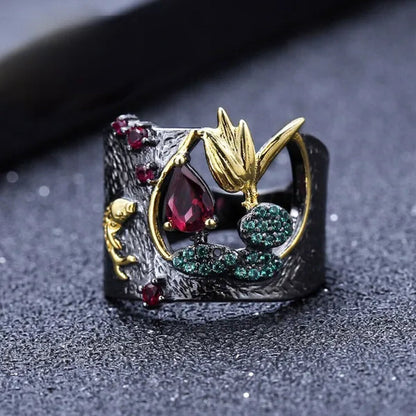 Latest Beautiful Flowers Luxury Vintage Fashion Jewelry  Two-tone zircon  Ruby Cutout Ring Bridal Engagement Wedding Party Anniversary Ring Christmas Mother's Day Gift Jewelry Size US5-11