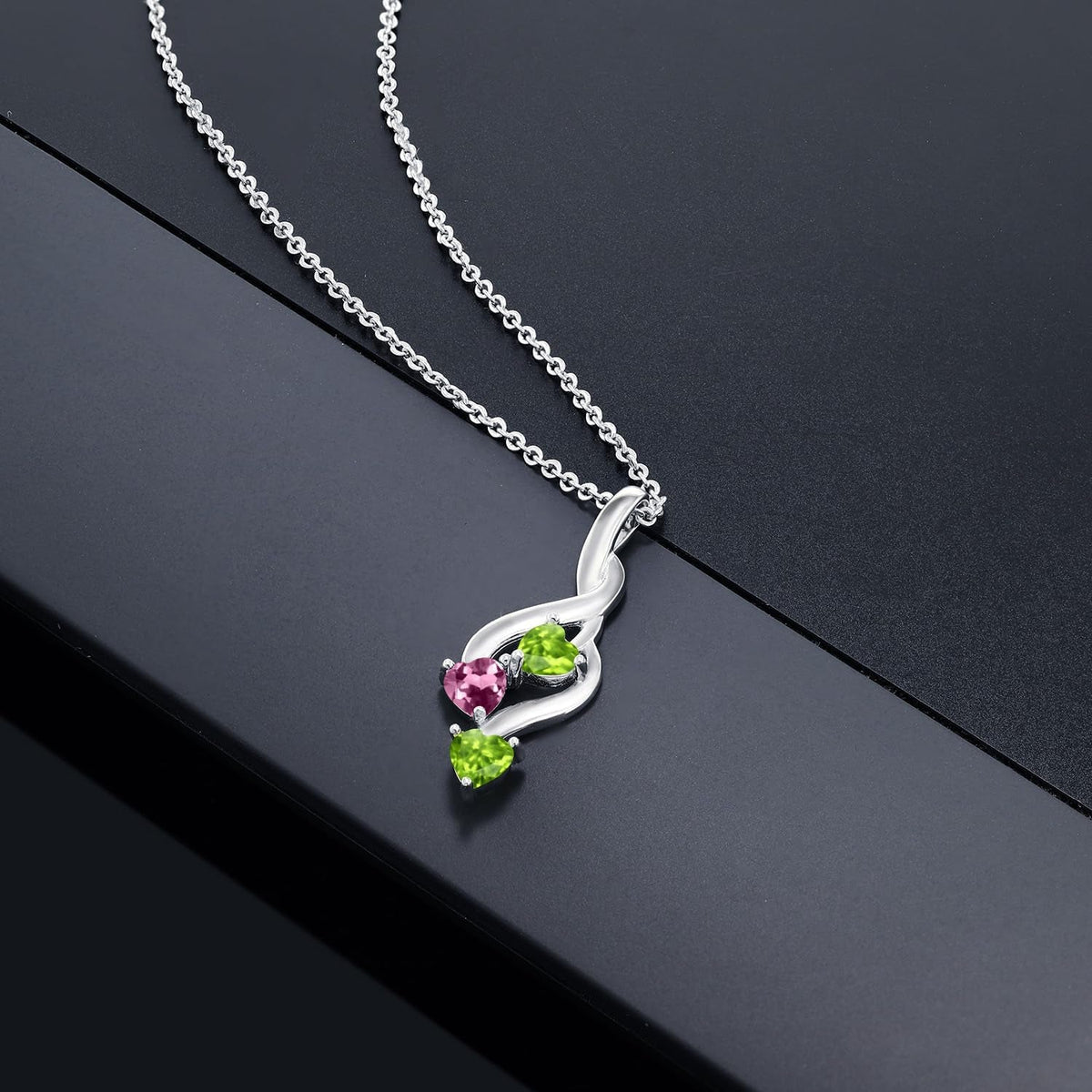 925 Sterling Silver Pink Tourmaline and Green Peridot Pendant Necklace for Women (0.68 Cttw, Gemstone October Birthstone, Heart Shape 4MM, with 18 Inch Silver Chain)