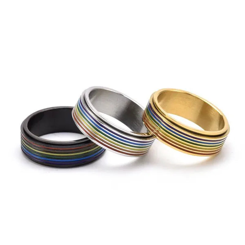 Women Men Multicolor Stripes of Rainbow Stainless Steel Spinner Ring Gay Lesbian LGBT Pride Rings Engagement & Wedding Band Valentines Gift Silver / Gold / Black Size 6-12