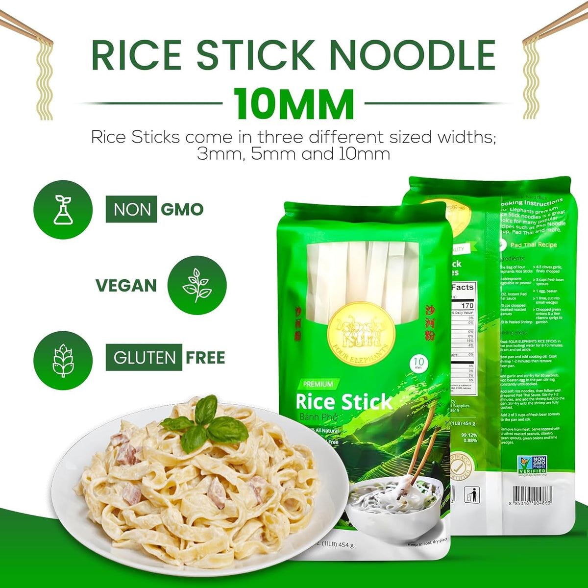 10MM Rice Stick Noodles (Authentic) | Pack of 3 | 1LB 454G per Pack | Use for Pad Thai & Pho | DIY Cooking Instructions Included |  Brand