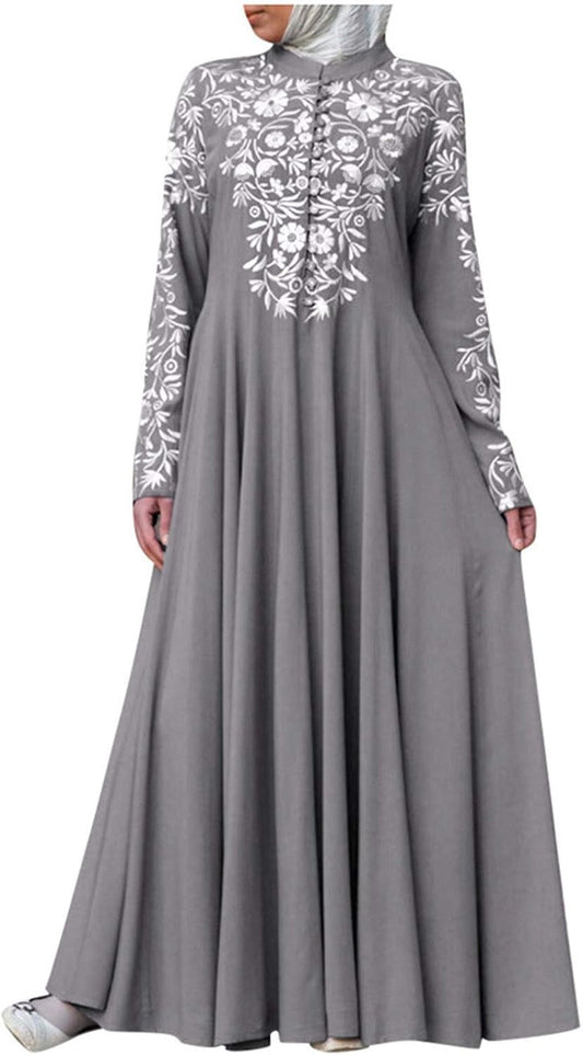 Abayas for Women Muslim Chiffon Prayer Robe Burkas for Women Muslim Dress Vintage Printed Full Length Islamic Abaya Set Long Sleeve Flowy Abaya Dubai Islam Robe African Turkey Caftan Grey 2X