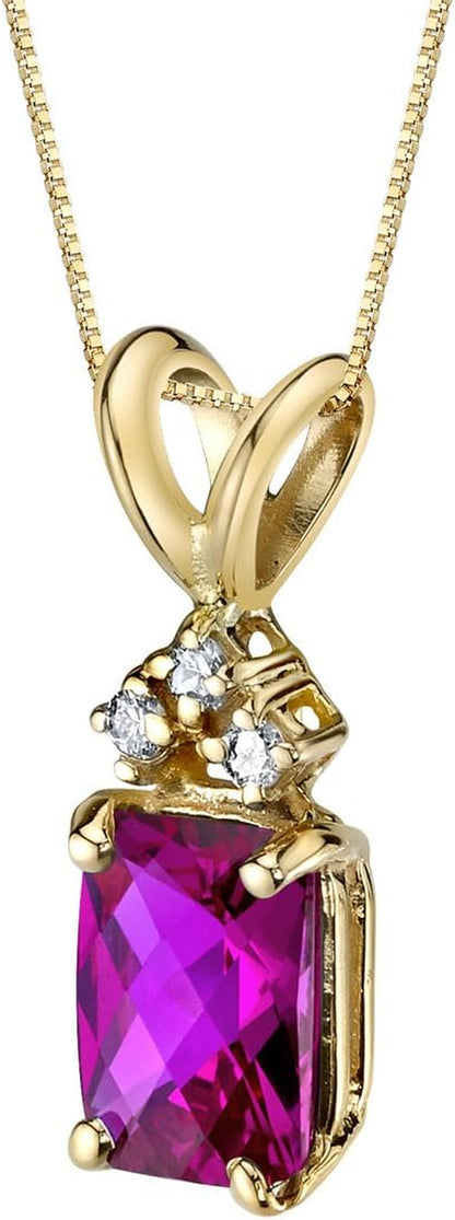 Created Ruby with Genuine Diamond Pendant in 14 Karat Yellow Gold, Elegant Solitaire, Radiant Cut, 7X5Mm, 1.30 Carats Total, Sparkling V-Day Gift Valentines Gift for Women