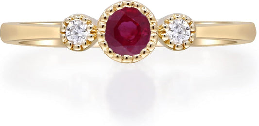 10K Yellow Gold Mozambique Genuine Ruby Ring with Diamonds for Women Holiday Gifts | Ethically, Authentically & Organically Sourced (Round) Shaped Ruby Hand-Crafted Jewelry for Her | Ruby Ring for Women Holiday Gifts