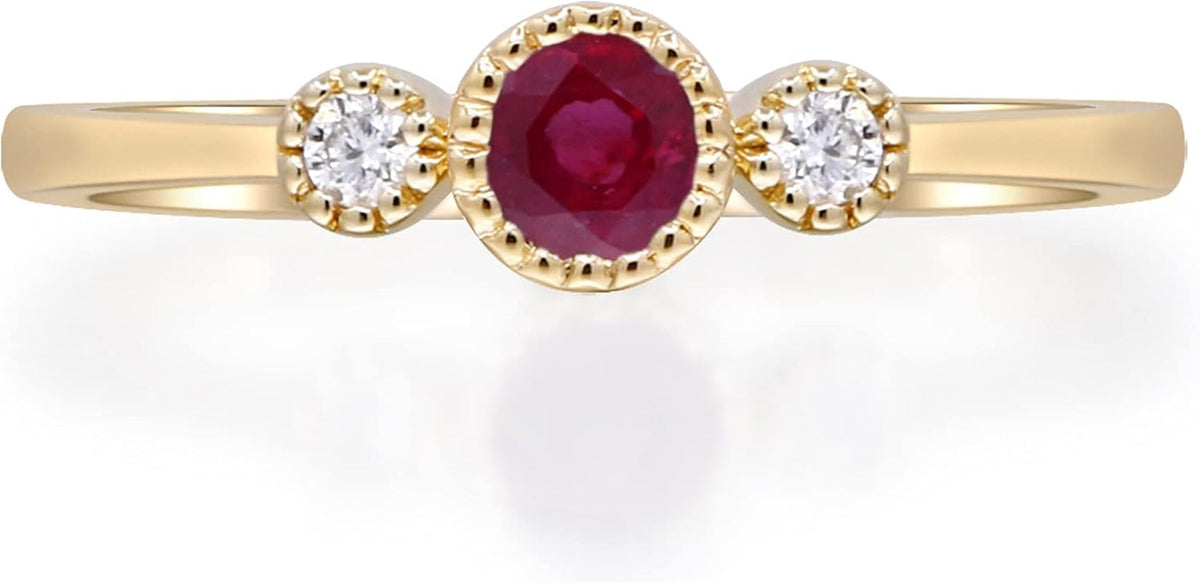 10K Yellow Gold Mozambique Genuine Ruby Ring with Diamonds for Women Holiday Gifts | Ethically, Authentically & Organically Sourced (Round) Shaped Ruby Hand-Crafted Jewelry for Her | Ruby Ring for Women Holiday Gifts