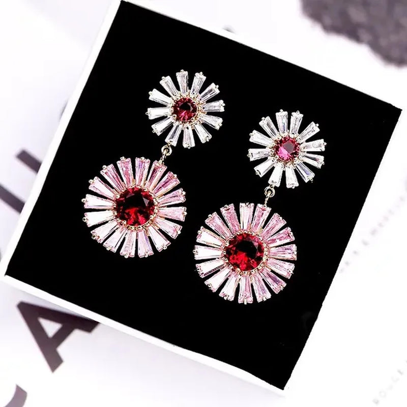 CANDICE High Quality 18K Yellow Gold Plating Gorgeous Women Pink Flower Dangling Earrings Pave Clear Red Cubic Zirconia Dancing Party Jewelry Accessories