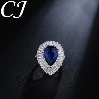 CANDICE Vintage Ladies Banquet Open Ring Pave Classic Blue Crystal Fashion Sterling Silver Plated Jewelry
