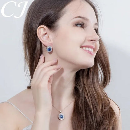CANDICE Classic Round Blue CZ Stone Party Jewelry Sets For Women Elegant Blue Cubic Zirconia Stud Earrings And Necklace 2 Piece Set