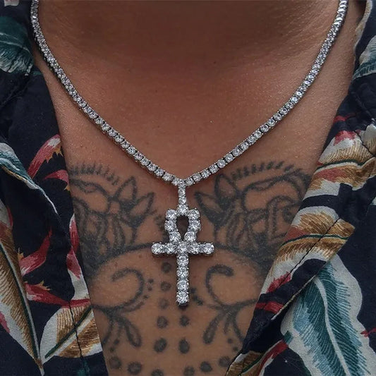 Cool Men Yellow Gold Iced Out Cz Diamond Jewelry Ankh Cross Pendant Tennis Chain Hip Hop Necklace