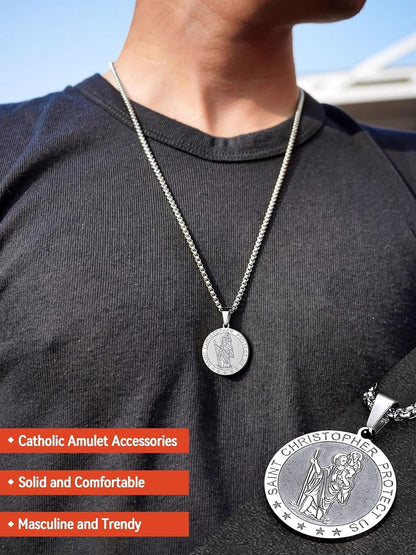 Saint Christopher Pendant Necklace for Men Women Stainless Steel Catholic Amulet Medal Jewelry Personalized Custom with Delicate Packaging