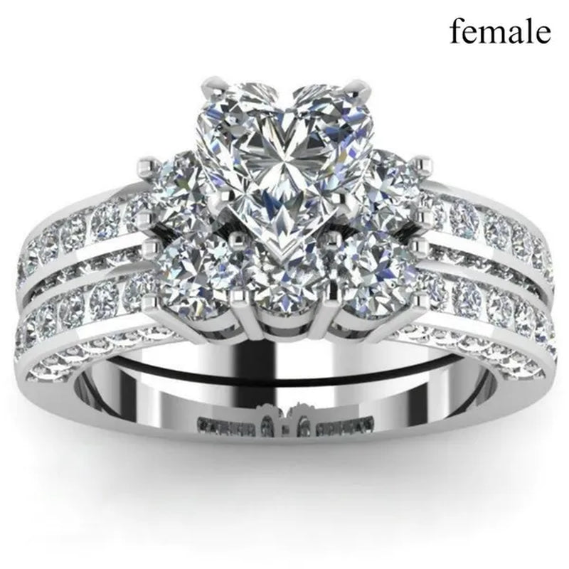 2020 Romantic Couple Jewelry Men's 316 Stainless Steel Double Row Zircon Ring And Ladies Heart Ring Set Couple Ring Bride Wedding Engagement Jewelry(Include: man ring or woman ring)