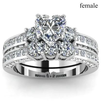 2020 Romantic Couple Jewelry Men's 316 Stainless Steel Double Row Zircon Ring And Ladies Heart Ring Set Couple Ring Bride Wedding Engagement Jewelry(Include: man ring or woman ring)