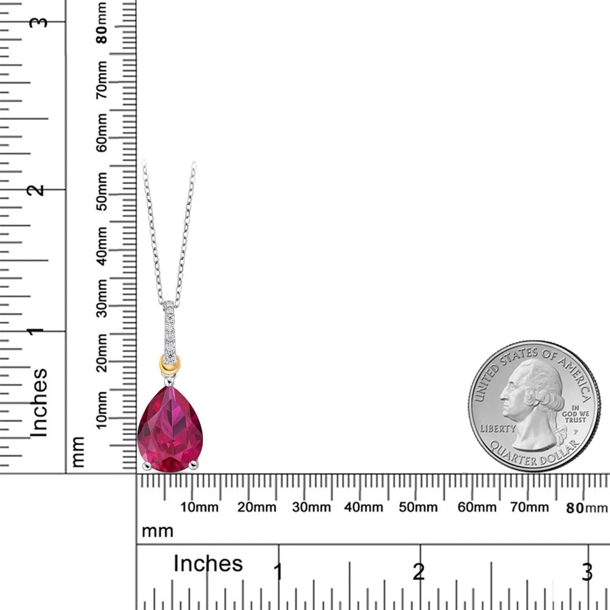 925 Sterling Silver and 10K Yellow Gold Pear Shape Red Created Ruby and White Moissanite Pendant Necklace for Women (9.68 Cttw, with 18 Inch Chain)