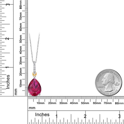 925 Sterling Silver and 10K Yellow Gold Pear Shape Red Created Ruby and White Moissanite Pendant Necklace for Women (9.68 Cttw, with 18 Inch Chain)