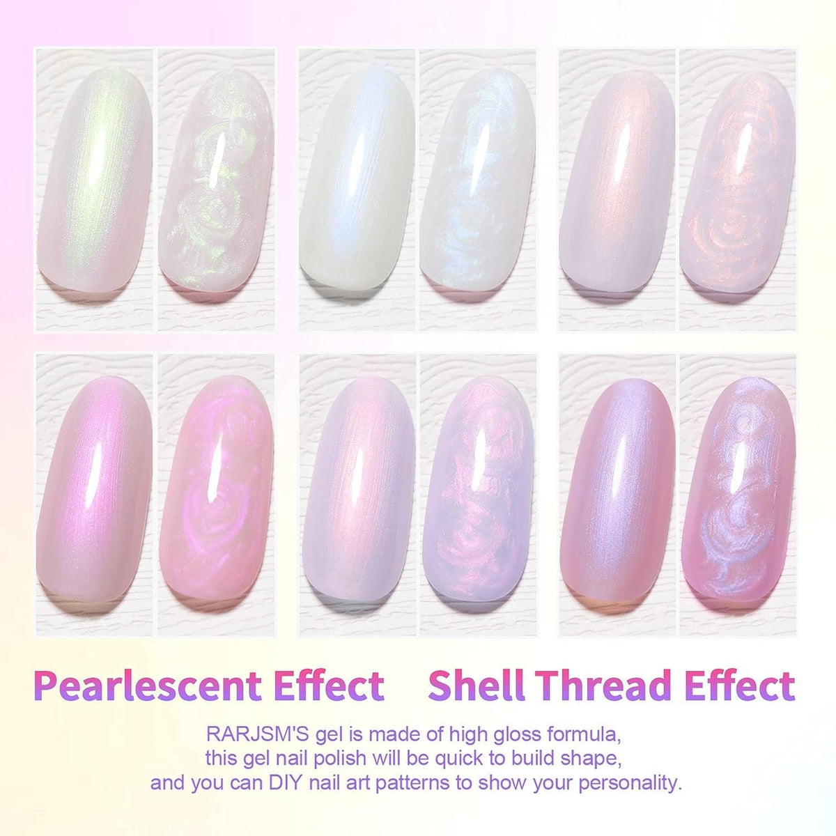 Pearl White Gel Nail Polish Set Iridescent Mermaid Shell Glitter Gel Polish 6 Light Colors Purple Blue Pink Red Gold Shimmer Multichrome Swirl Thread Effect Soak off LED UV Curing Requires