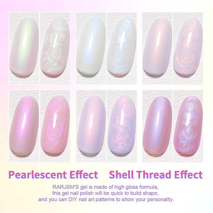 Pearl White Gel Nail Polish Set Iridescent Mermaid Shell Glitter Gel Polish 6 Light Colors Purple Blue Pink Red Gold Shimmer Multichrome Swirl Thread Effect Soak off LED UV Curing Requires