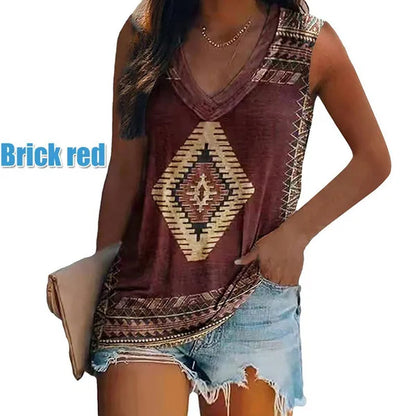 Ethnic Style Multi-pattern Print Sleeveless T-shirt Women's Vest V-neck Casual Loose Shirts Blouse Tank Top Camisoles