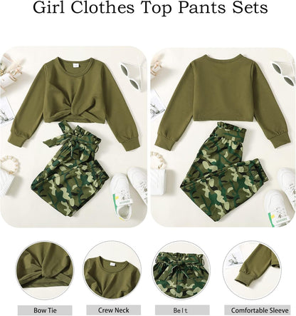 Cute Clothes for Girls Sweatsuit 2 Piece Outfits Kids Twist Front Crop Top Camo Sweatpants Tween Girls Clothing Set