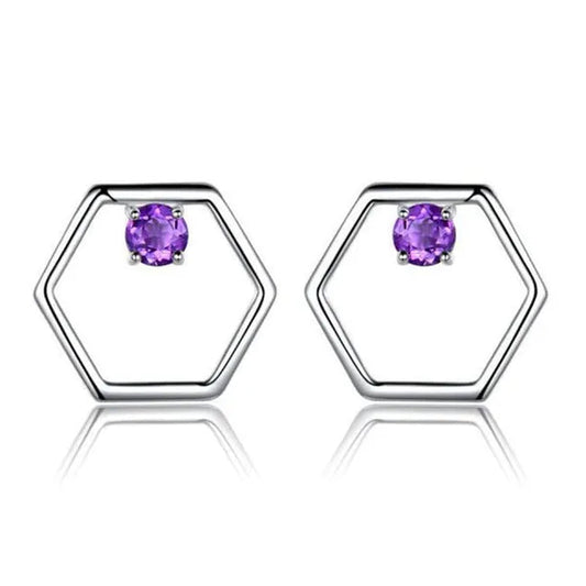 Majesty Diamonds MDS210182 Round Purple Nano Amethyst Hexagon Stud Earrings in 0.925 White Sterling Silver