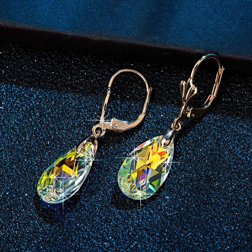 Austrian Crystal Teardrop Leverback Dangle Earrings for Women Fashion 14K Gold Plated Hypoallergenic Jewelry