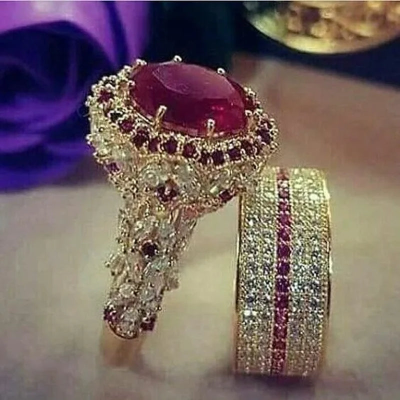 2pcs/Set US European Handmade Luxury Exquisite Rings Fashion Jewelry Women's ring Natural Red Ruby Ring Set Wedding Bridal Engagement Ring Set Anniversary Party Christmas Gift Ring Set Jewelry Size US5-11