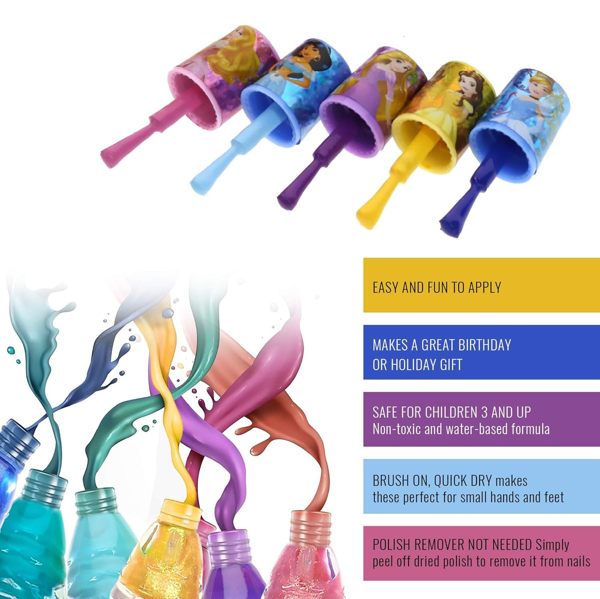 Disney Princesses Super Sparkly Peel-Off Nail Polish Deluxe Present Set for Girls, 18 Colors