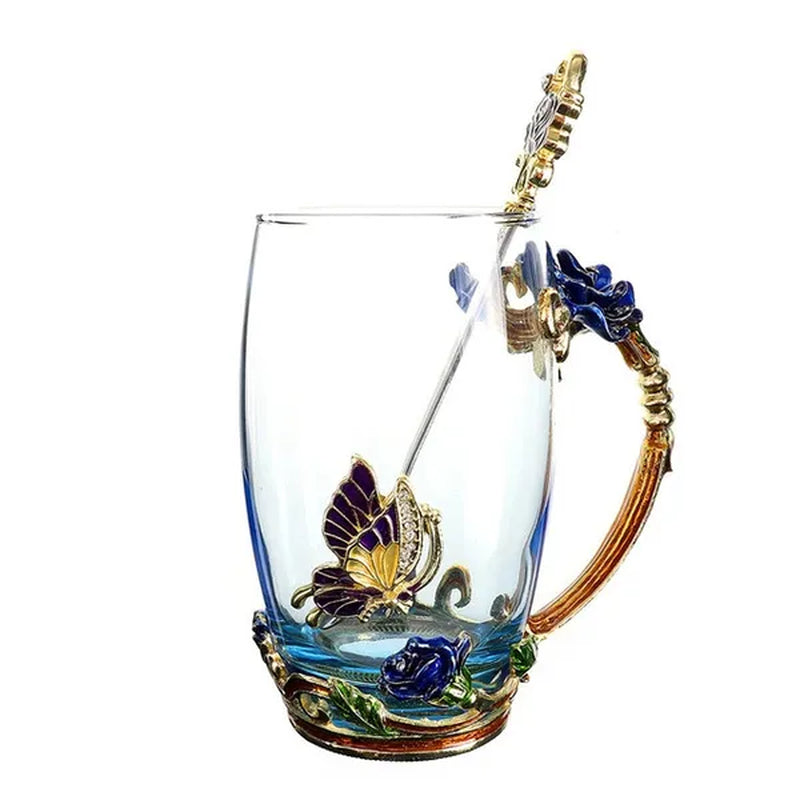 Red Blue Rose Enamel Crystal Cup Flower Tea Cup Butterfly Glass Water Cups Flower Mug with Spoon Set Perfect Gift for Lover Wedding