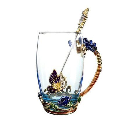 Red Blue Rose Enamel Crystal Cup Flower Tea Cup Butterfly Glass Water Cups Flower Mug with Spoon Set Perfect Gift for Lover Wedding