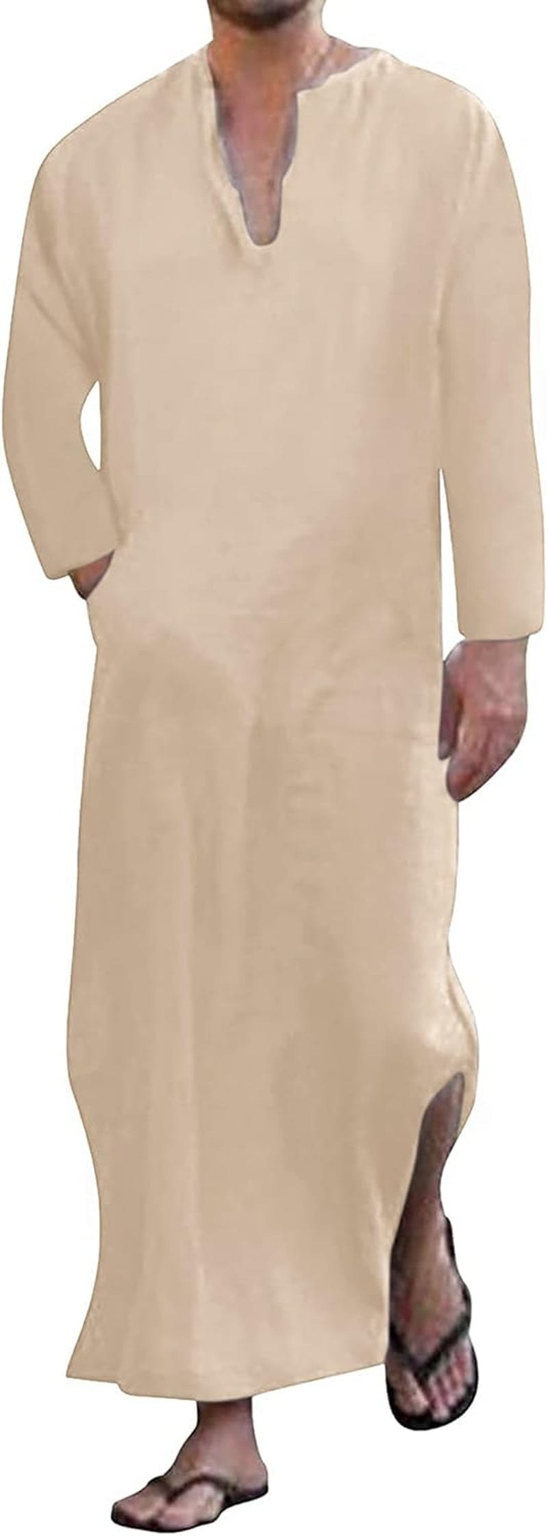 Men'S Kaftan Thobe Long Sleeve Men Thobe Robe Side Split Men Thobe with Pockets Casual Thobe