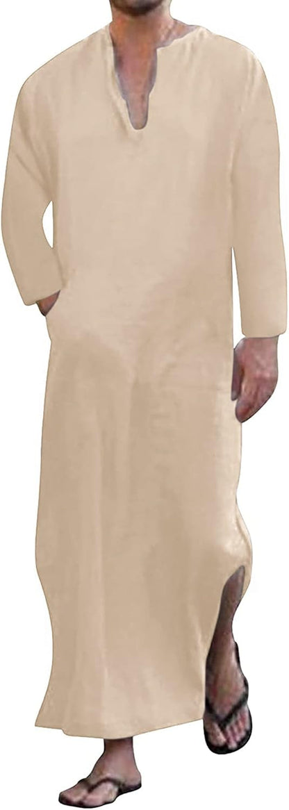 Men'S Kaftan Thobe Long Sleeve Men Thobe Robe Side Split Men Thobe with Pockets Casual Thobe