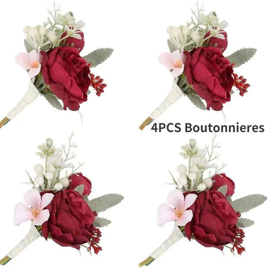 4pcs Peony Wrist Corsages Bride Wristlet Band Bracelet Men Boutonnieres Set for Wedding Flowers Mother of Bride and Groom, Party Prom Flowers