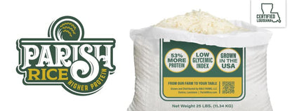 Parish White Rice – High-Protein Rice with Low Glycemic Index – Locally Grown Long-Grain White Rice – Made in the USA – Rich Nutrient Content – Ideal for Curry, Desserts, Stir-Fry – 2Lb Bag