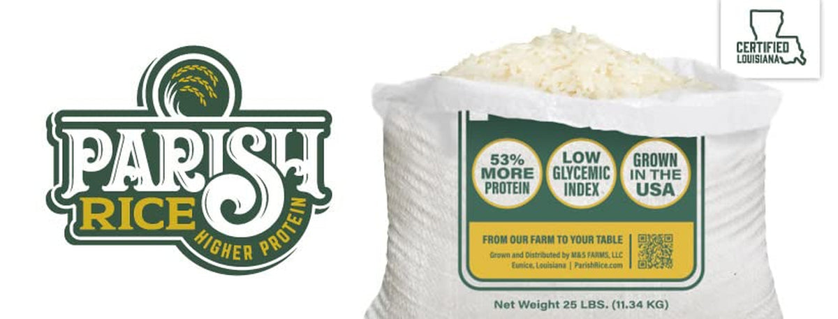Parish White Rice – High-Protein Rice with Low Glycemic Index – Locally Grown Long-Grain White Rice – Made in the USA – Rich Nutrient Content – Ideal for Curry, Desserts, Stir-Fry – 2Lb Bag