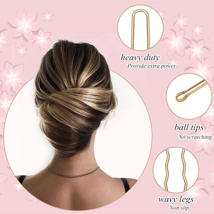 U Shaped Gold Hair Pins for Buns, 100 PCS 2.8" Blonde Hair Pins for Women Hair Styling with Thick Hair