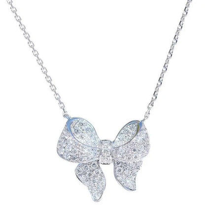 New Fashion Elegant Silver Plated Bow Knot Diamond Pendant Neckalce Engagement Clavicle Necklace for Women Simple Temperament Wedding Anniversary Jewelry Accessory