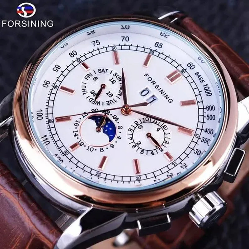 Forsining Moon Phase Shanghai Movement Rose Gold Case Brown Bracelet En Cuir Véritable Montres Pour Hommes Top Brand Luxury Auotmatic Watch with Gift Box